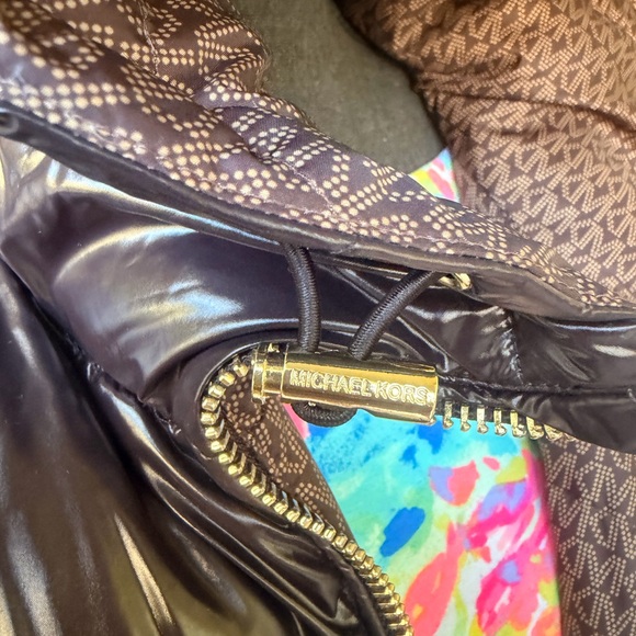 Michael Kors MK Monogram Dark Brown Reversible Puffer Jacket With Gold Hardware - Picture 12 of 16